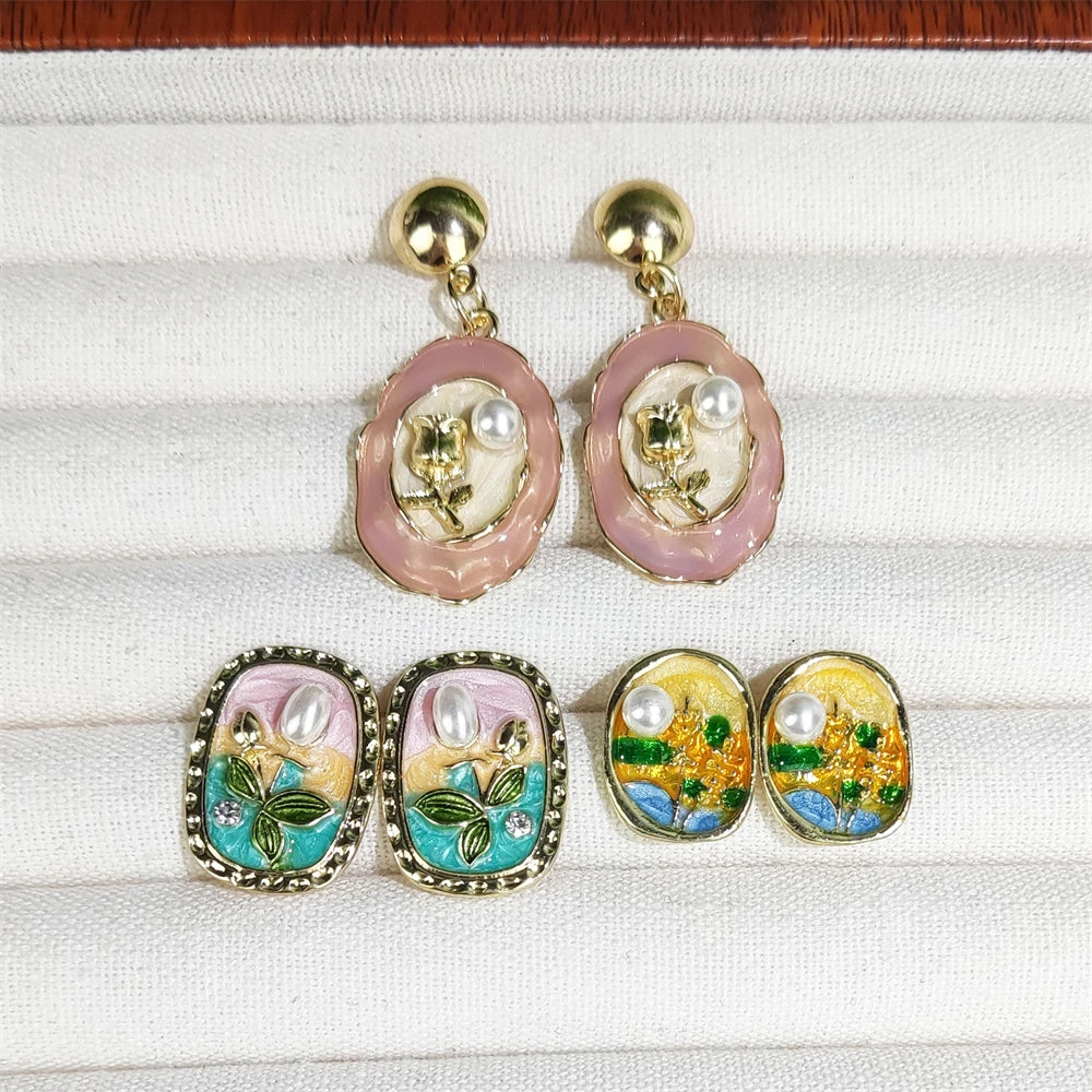 Latest Design Oil Painting Baroque Pearl Inlaid with Diamond Flower Pendant Earrings Tulip Sunset Monet's Garden Stud Earrings