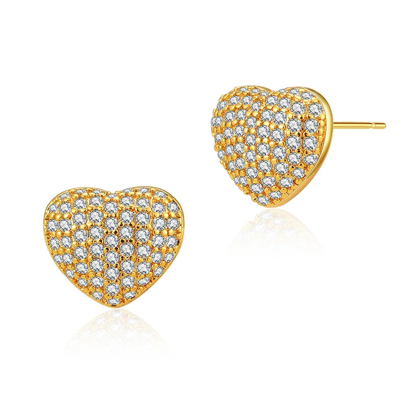 Classic Delicate Zircon Stud Earrings for Women 18K Gold Plated Brass Heart Shape Wedding Occasion