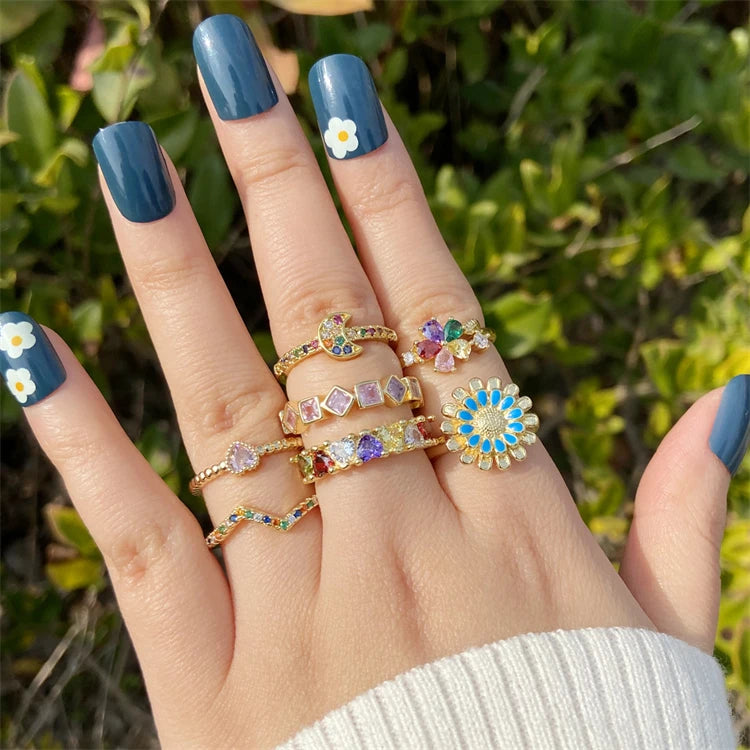2023 New Trendy Stainless Steel Daisy Moon Love Rings Set Personality 18k Gold Plated Diamond Open Adjustable Ring