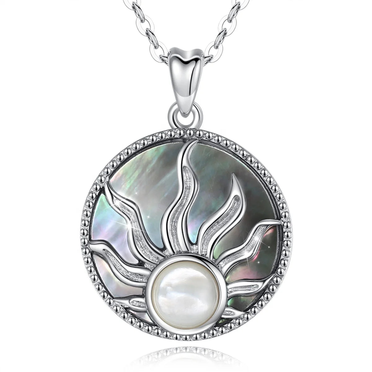 Isunni Jewelry S925 Sterling Silver Vintage Oxidized Mother of Pearl Shell Round Pendant Sunflower Necklace