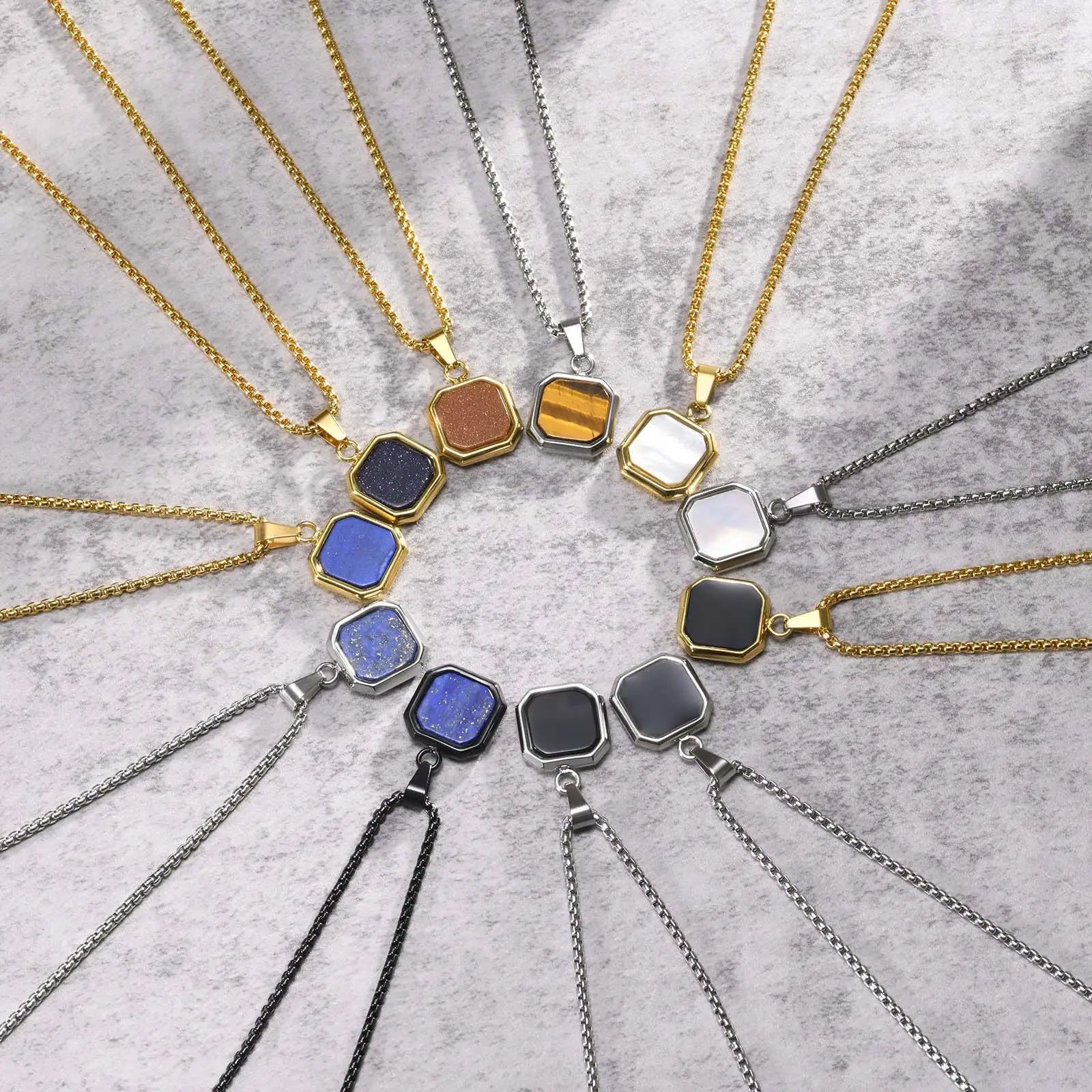 Customization LOGO Stainless Steel Wholesale Jewelry 18K Gold Plated Square Pendant Necklace Charms Natural Stone Necklace