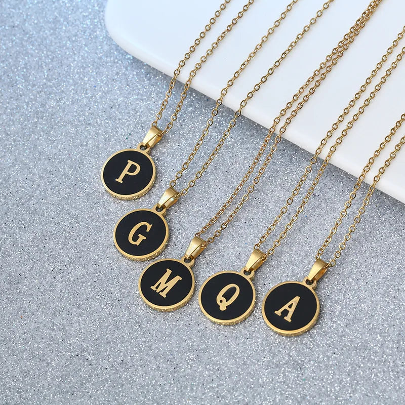 Wholesale Letter A-z Initial Necklace Stainless Steel 18k Gold Plated Round Black Shell Alphabet Pendant Necklace