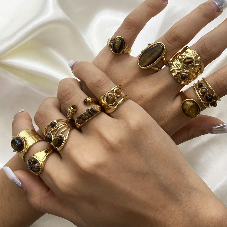 MC263 Wholesale Stainless Steel Gold Plated Tiger Eye Stone Open Rings Earrings Cross Pendant Necklace Fashion Jewelry Sets