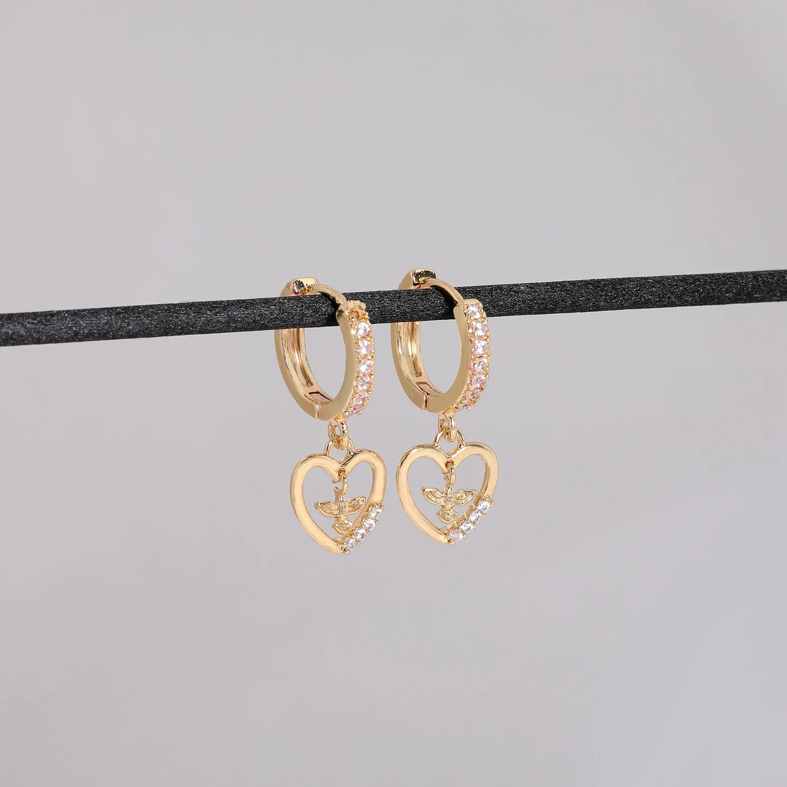 Double Heart Shape Earrings CZ Diamond Gold Plated Brass Huggie Hoop Cute Style Religious Alloy Jewelry for Women for Parties