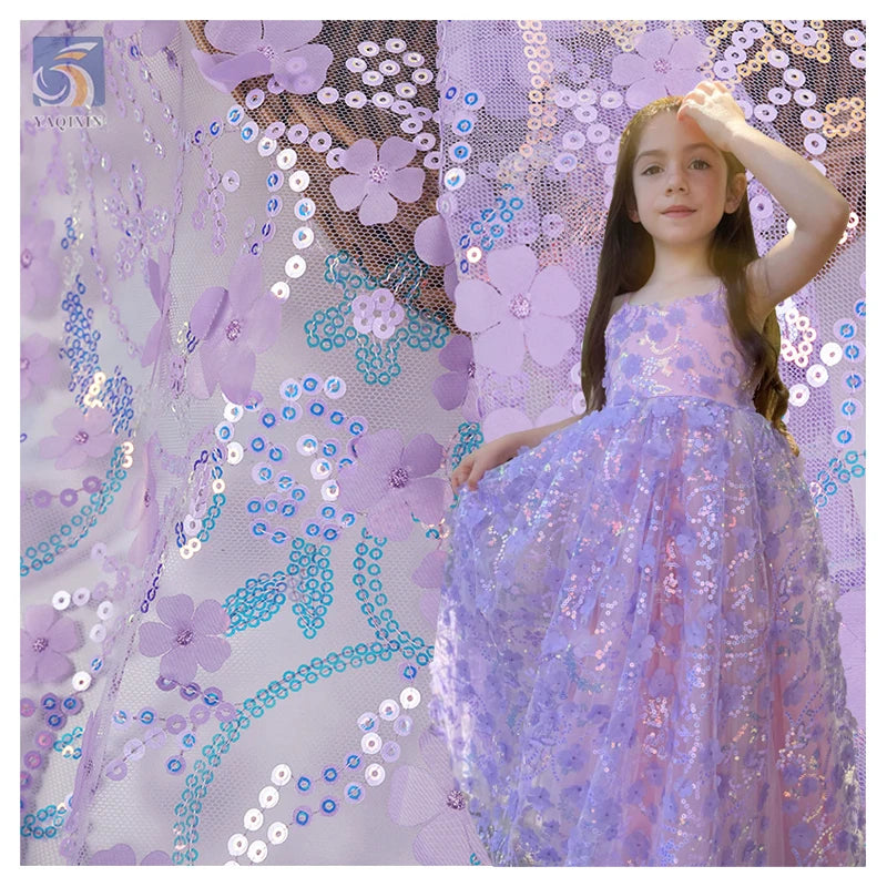 TDS008 Custom Multicolor 3D Floral Embroidered Tulle Lace Fabric for Dress Sequin Embroidered Tulle Mesh Fabric