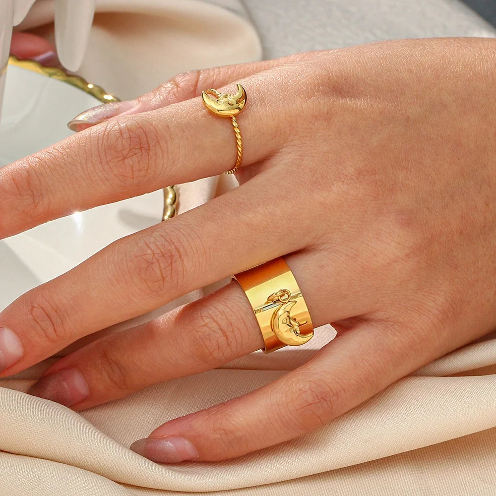Tarnish Free Moon Face Charm Wide Ring Adjustable Thin Ring Jewelry Set 18K Gold Plated Ring