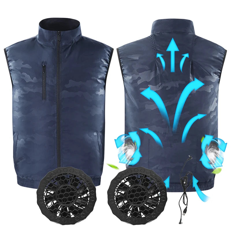 Summer Sleeveless Cooling Fan Vest Polyester Camouflage Fishing Air Conditioned Clothing With Pocket Decoration for Outdoor Use