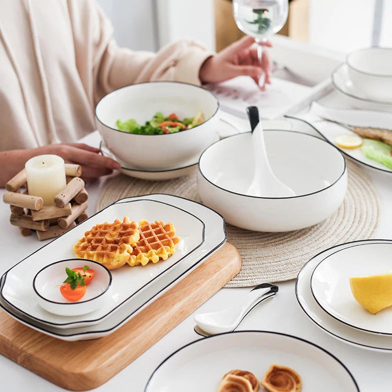 Modern Hotel Porcelain Dinner Plates Wedding Fine White Dinner Set Underglaze Color Ceramic Tableware Bowl Soup Noodles Plate