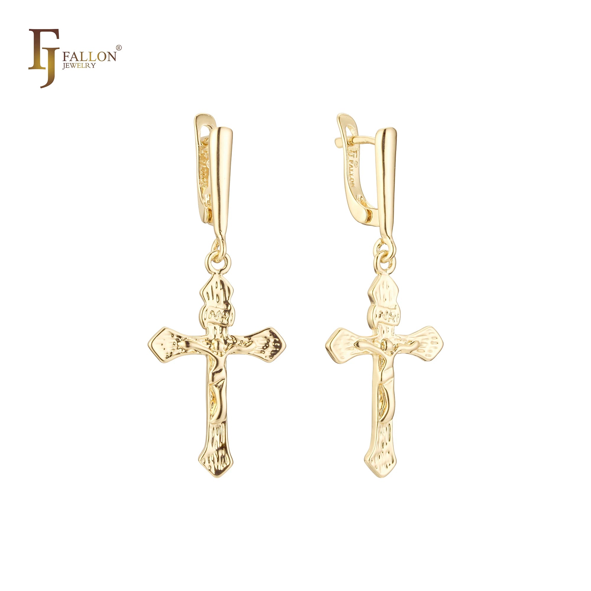 FJ Fallon Fashion Jewelry Crucifix Jesus Catholic Cross Drop Clip-On Earrings Plated in 14K Gold Brass Based