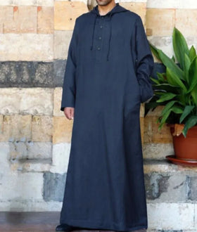 S-5XL Arabic Style Simple Long Men's Hooded Shirt Muslim Men's Robes Middle East Long Sleeved Hooded Robe