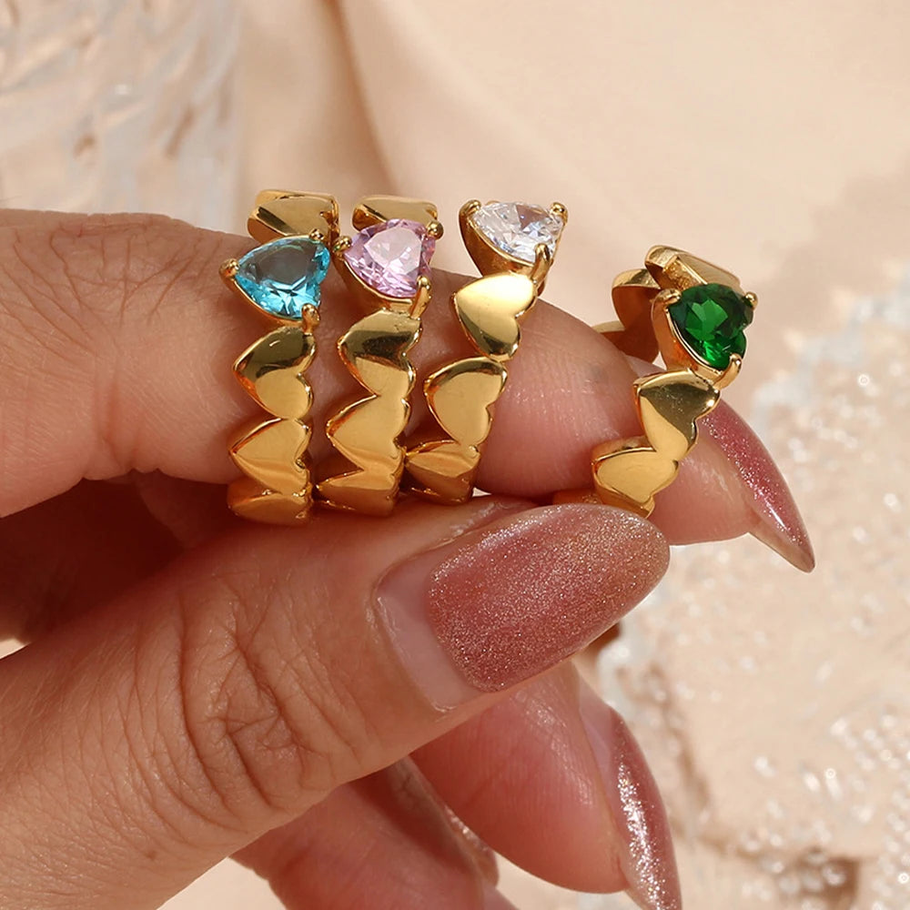 Personality Trendy Minimalist Jewelry Heart Ring Stainless Steel 18K Gold Plated Heart Gemstone Finger Ring Jewelry