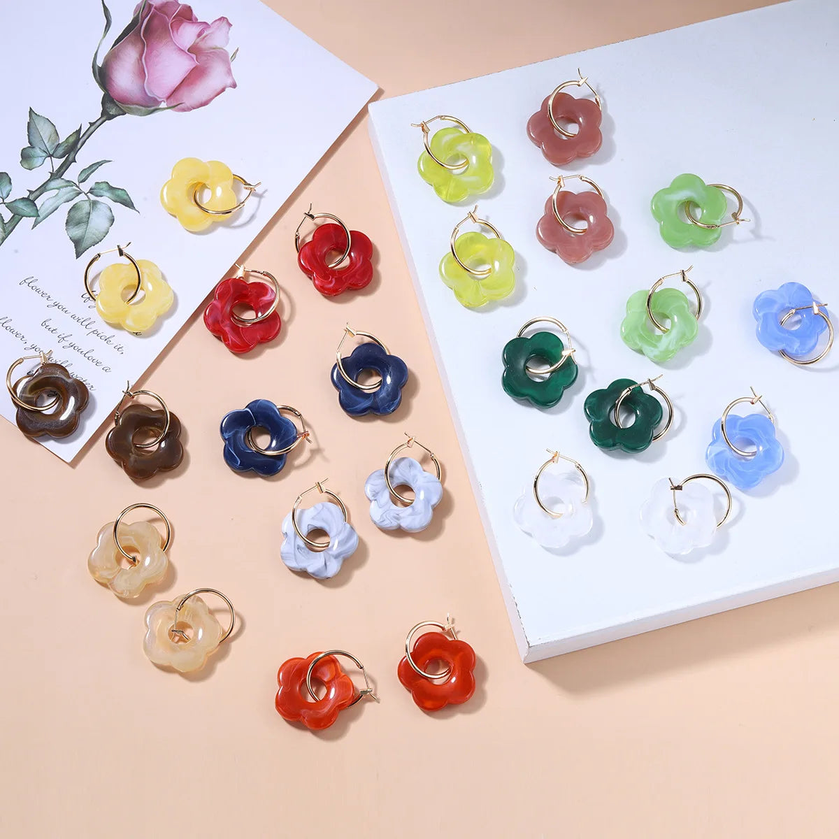 Summer Popular Fashion Resin HOOP Colorful Lovely Flowers Hollow Retro Charm Women's Alloy Earrings