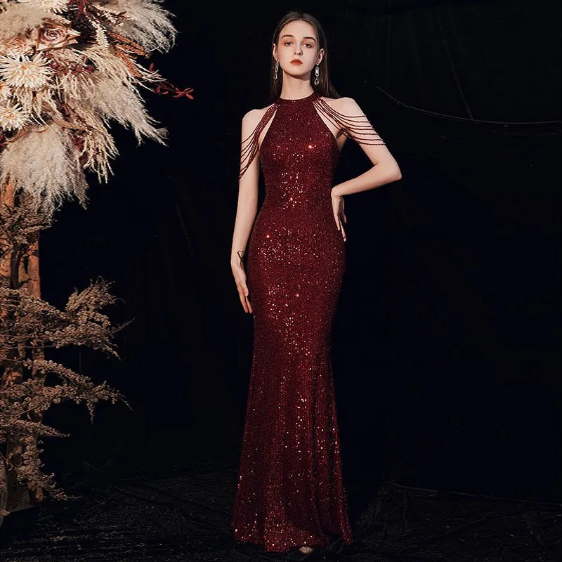 TW00073 Trendy Wedding Bridesmaid Dresses Shiny Backless Sleeveless Halter A-line Party Dress Gowns for Women Evening Dresses