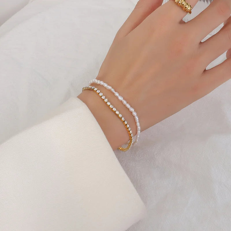 New Romantic Freshwater Pearl Cubic Zirconia Double Layer Bracelet for Women Gift Party  Non Tarnish