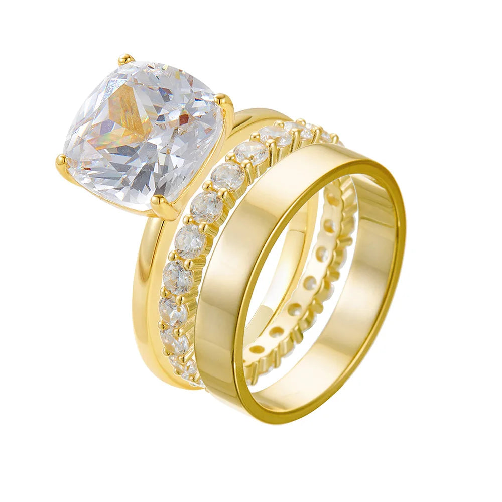 New Arrival 3Pcs Ring Set 925 Sterling Silver Gold-Plated Cubic Zirconia Cz Stackable Couple Diamond Ring for Wedding Engagement
