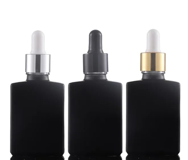 30ml 50ml 100ml Black Square Glass Essential Oil Dropper Bottle Hot Stamping Surface Empty Flat Dropping Serum Container 100pcs