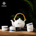 FENN Japanese Style Characteristic Design Hand Painted 800ml Ceramic Teapot 4 Tea Cup Set with Rattan Handle