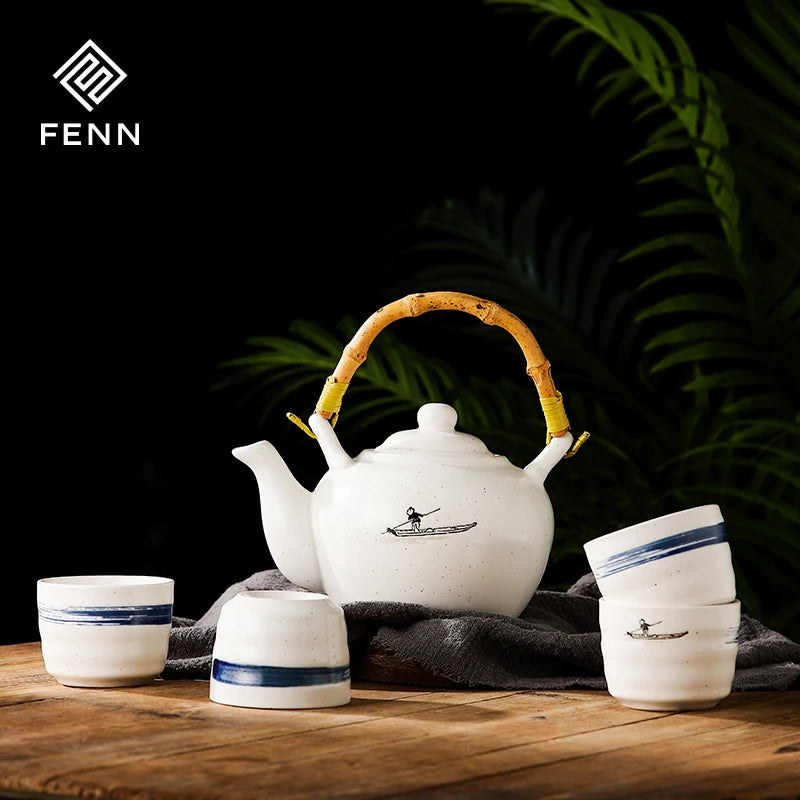 FENN Japanese Style Characteristic Design Hand Painted 800ml Ceramic Teapot 4 Tea Cup Set with Rattan Handle