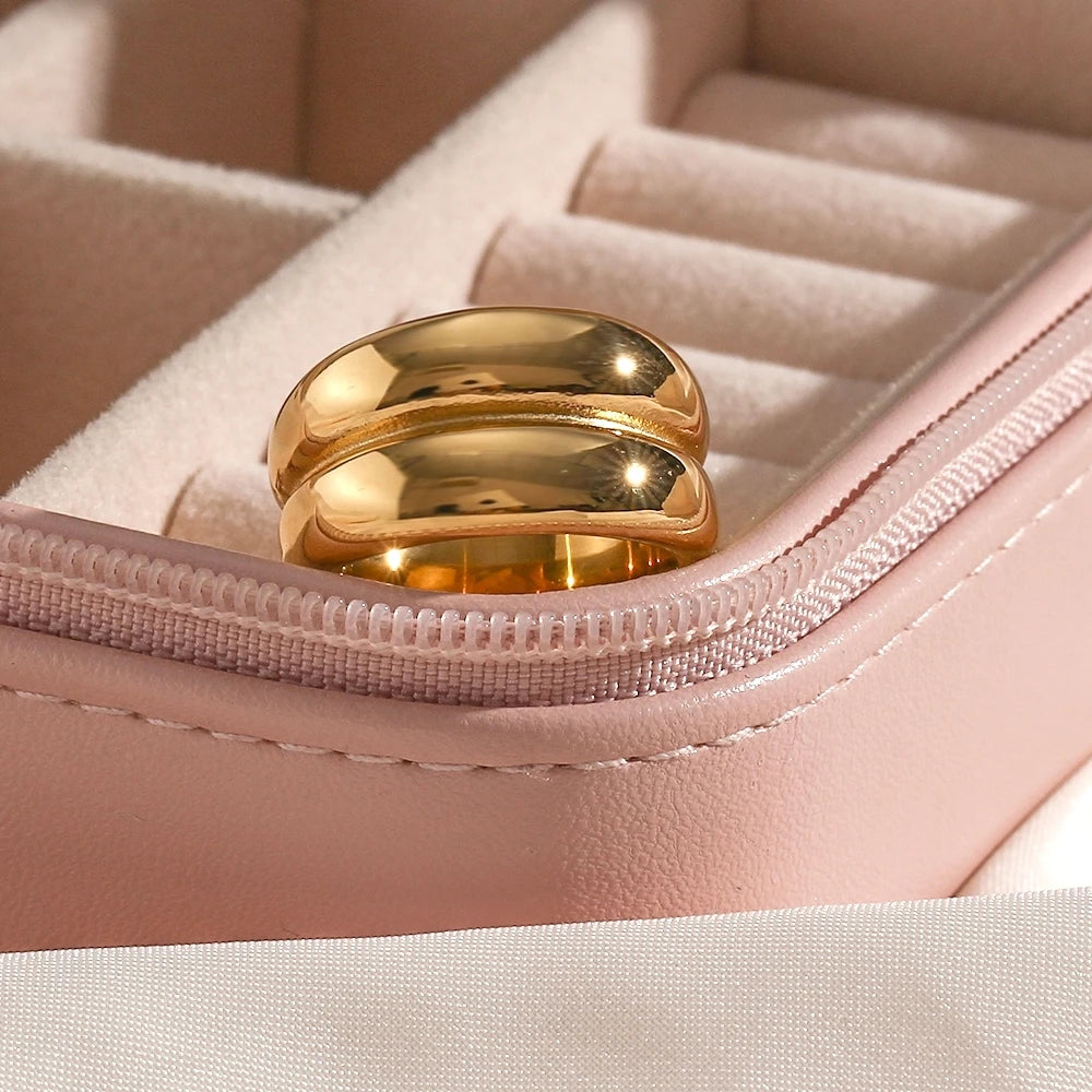 Minimalist Jewelry 18K Gold Plated Stainless Steel None Tarnished High Polished Simple Double Layer Engagement Ring Women Men