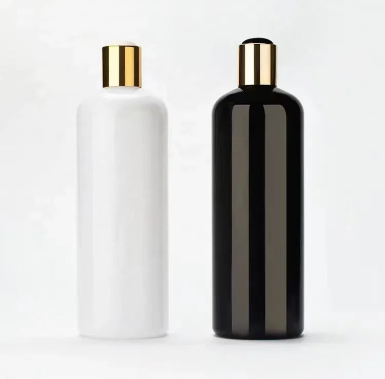 Wholesale Customized Empty Shampoo PET Plastic Bottle Gold Black White Disc Top Cap Screen Printing Bottle