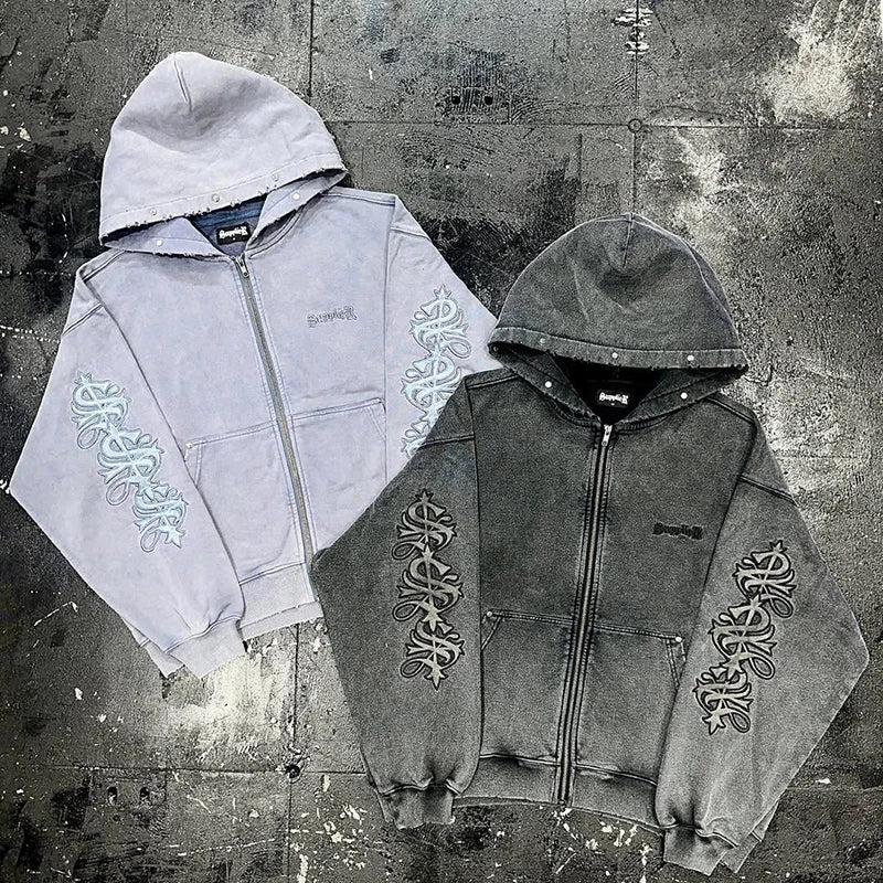 Custom Luxury Graphic Embroidery Distressed Vintage Wash Hoodie Streetwear Acid Washed Sun Fade Heavyweight Hoodie for Men