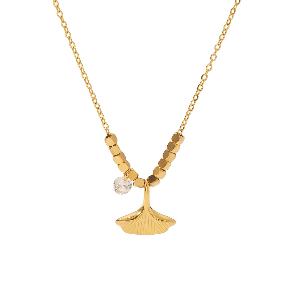 Fashion High Quality Geometric Ginkgo Leaf Pendant 18K Gold Design Choker Stainless Steel Chains Necklace Jewelry for Women