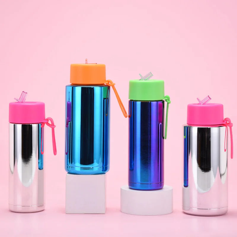 600ml Portable Vacuum Flask for Students Electroplated Stainless Steel Water Bottle with Straw Lid Creative Sports Drink Bottle