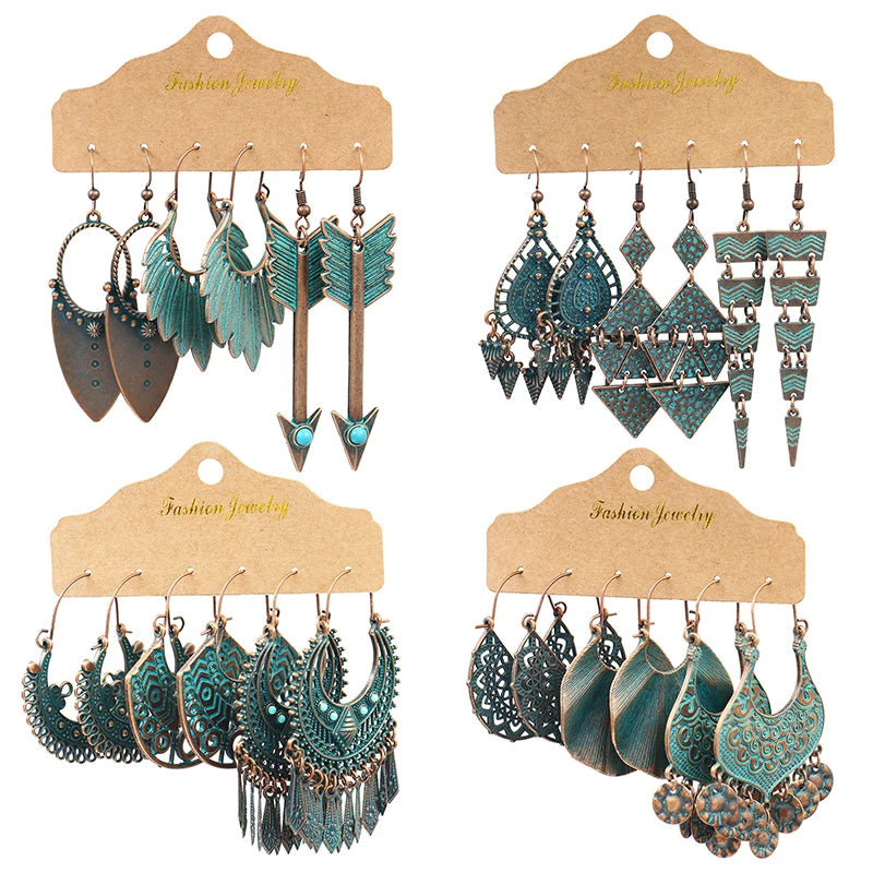 Vintage Exaggerated Bohemian Antique Bronze Plated Charm Arrows Triangle Leaf Pendant Large Boho Earring Set Jewelry for Women