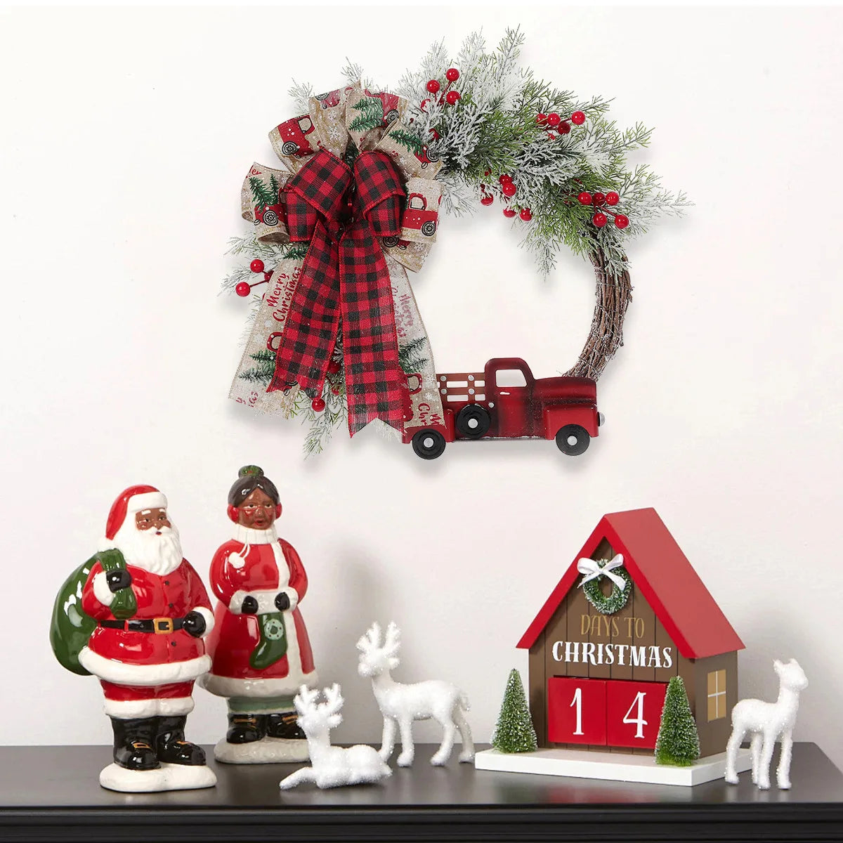 Handmade Farmhouse Red Truck Christmas Wreath Retro Xmas Door Hanging Decoration with Pine Berries for Holiday Home Decor