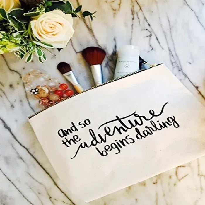 2024 New Fashion Portable Travel Cosmetic Bag Logo Printed Black Canvas Makeup Case with Zipper for Toiletry Washing Bag