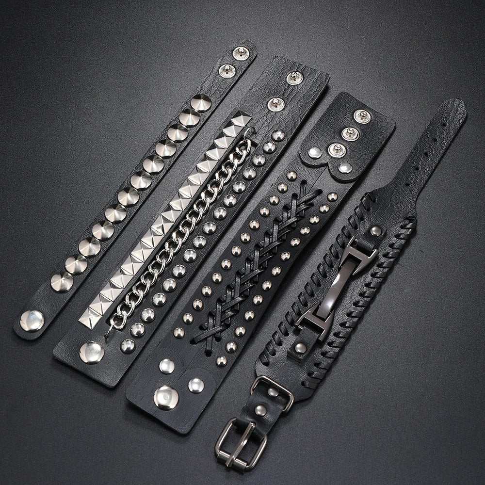 4 PCS Punk Rock Men Bangles Custom Wholesale Hiphop PU Leather Bracelet Fashion Jewelry
