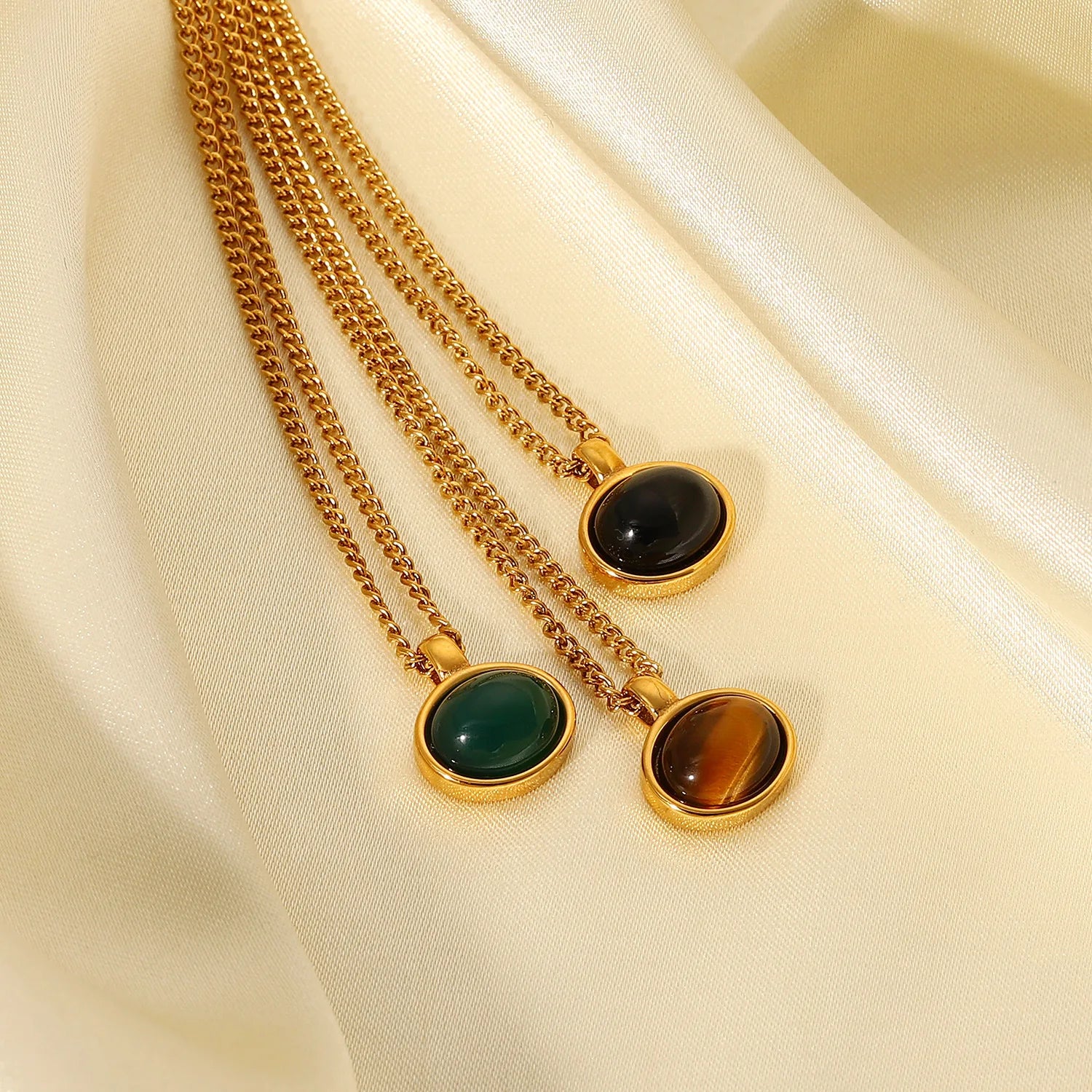 Fine Jewelry Gem Stone Necklace 18K Gold Plated Stainless Steel Oval Colorful Natural Stone Pendant Necklace