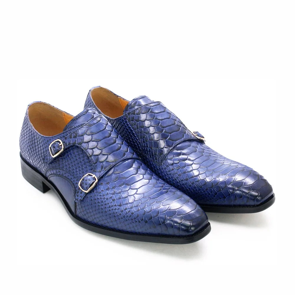 Hot Sale New Leather Snake Grain Pointed Toe Business Formal Double Monk Strap Men's Dress Shoes for Office
