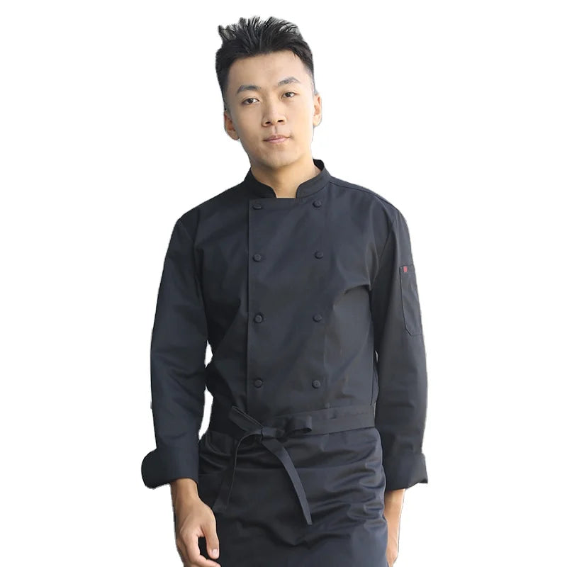 CHECKEDOUT RTS Cloth Covered Button Unisex Black White Long Sleeve Restaurant Chef Jacket