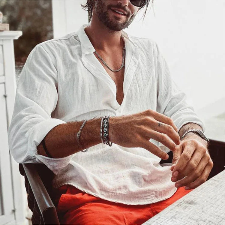New Summer Casual Loose V-neck Collar Sports Solid Color Long Sleeve Cotton Men's Plus Size Shirt