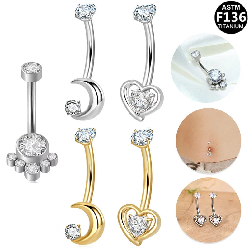 Gaby 14G ASTM F136 Titanium Heart Moon Belly Rings G23 Internal Thread  Navel Piercing Titanium Body Jewelry