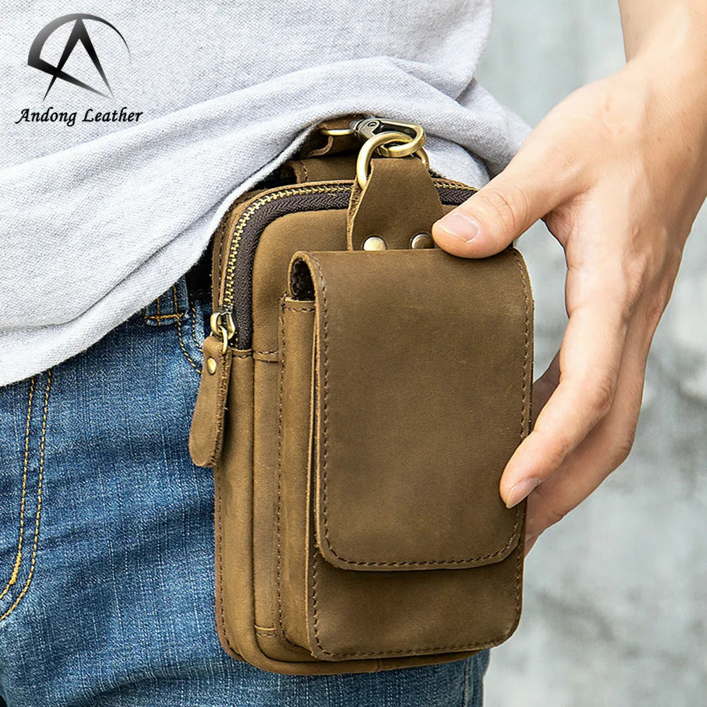 Andong Leather Waist Bags Chest Vintage Genuine Leather Men's Belt Bag Small Hip Bag Men Waterproof Phone Purse Fanny Man Brand