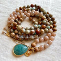 MN44228 Sunstone Aqua Terra Jasper Sandalwood Mala Necklace Prayer Beads Teardrop Pendant Yoga Necklace