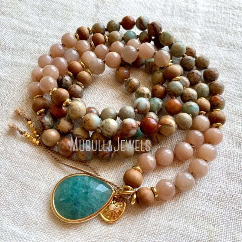 MN44228 Sunstone Aqua Terra Jasper Sandalwood Mala Necklace Prayer Beads Teardrop Pendant Yoga Necklace