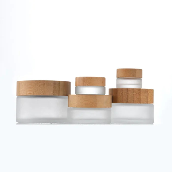Hot Sale Luxury Cosmetic Packaging Empty Round Wide Mouth Cream Frosted Glass Jar Bamboo Lid 100ml