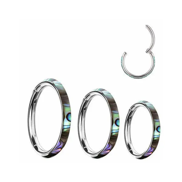 G23 Titanium Seamless Abalone Shell Inlay Hinged Clicker Ring for Wedding or Engagement Orthodox Religious for Children