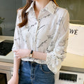 Women's Elegant V-Neck Long-Sleeved Casual Shirt Ink Graffiti Printed Button Decorated Woven Office Lady Blouse for Summer-5218#