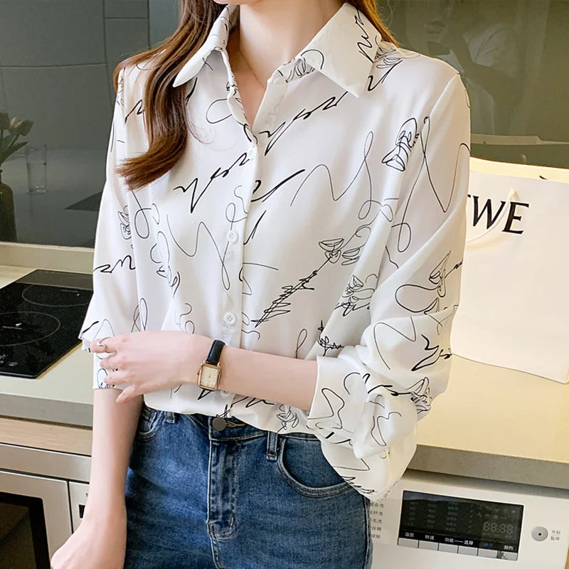 Women's Elegant V-Neck Long-Sleeved Casual Shirt Ink Graffiti Printed Button Decorated Woven Office Lady Blouse for Summer-5218#