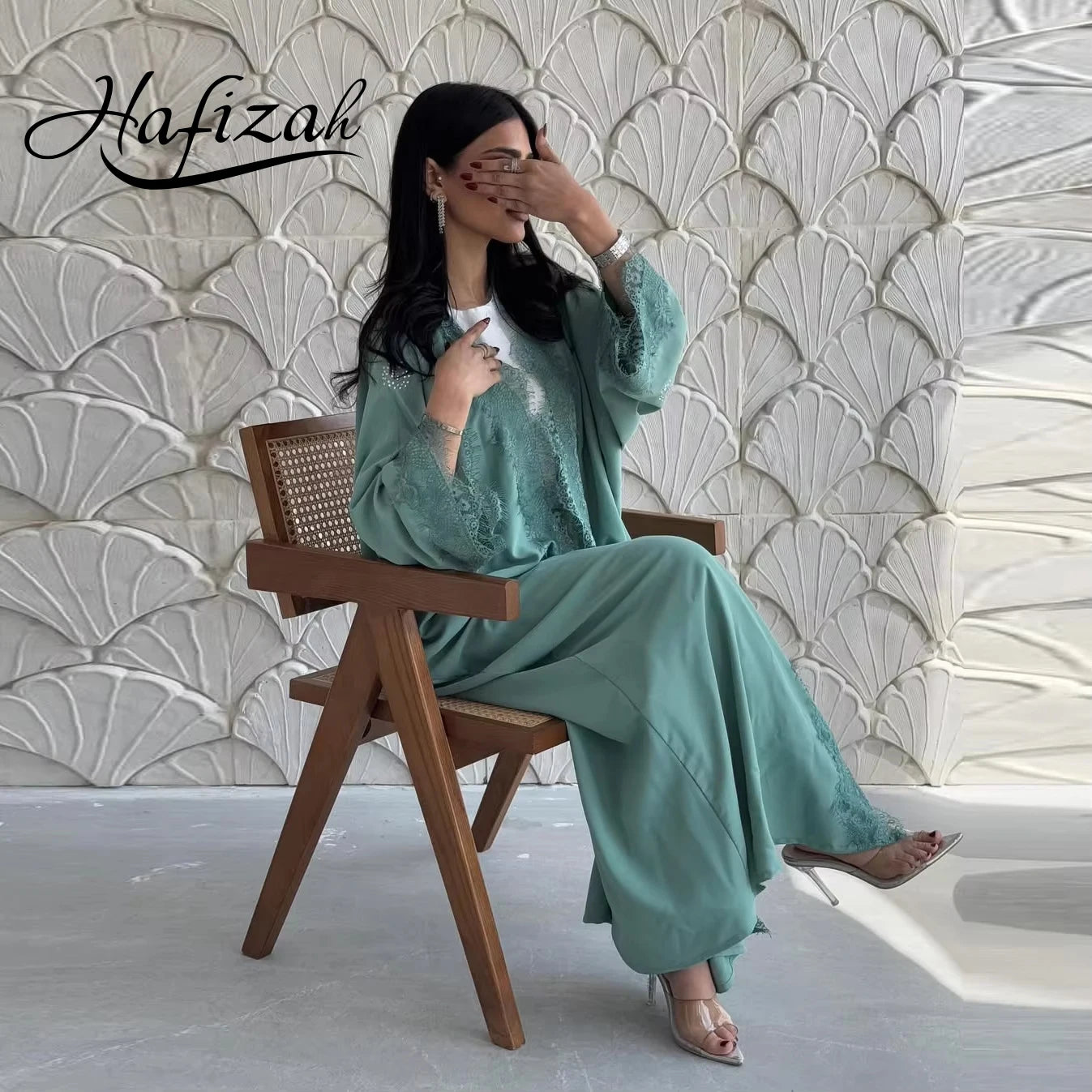 New Luxury Handmade Dubai Mint Green Modest Robe Muslim Women Lace Decor Design