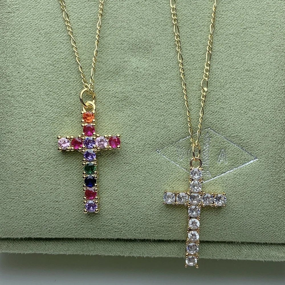 Fashion Zircon Cross Pendant Necklace for Women Figaro Chain Necklaces Female Jewelry Gifts