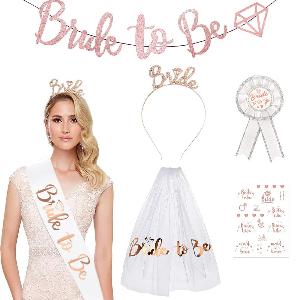 Bronzed Rose Gold Veil Alphabet Banner Headband Ceremonial Belt Set for Bachelorette Party Wedding Bride Elegant Bridal Veil