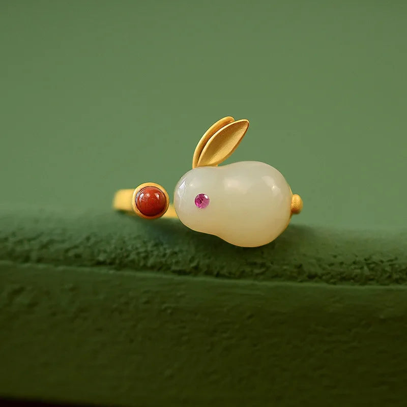 2025 Fashion Cute Hetian Hare Crystal Ring Lovely Rabbit Jade Ring Jewelry for Women Girls