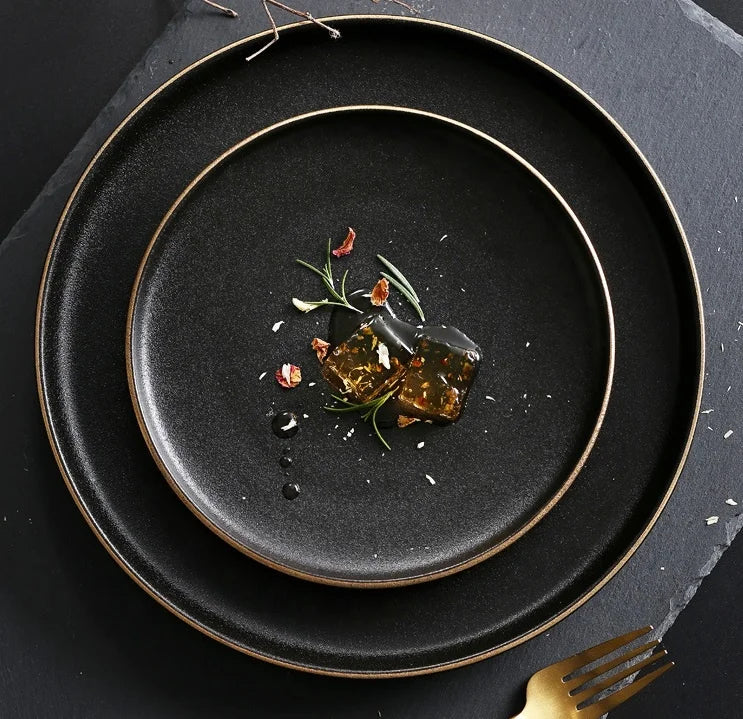 High End 5 Star Hotel Top Quality 8" / 10" Texture Black with Golden Border Rim Ceramic Charger Dinner Plate
