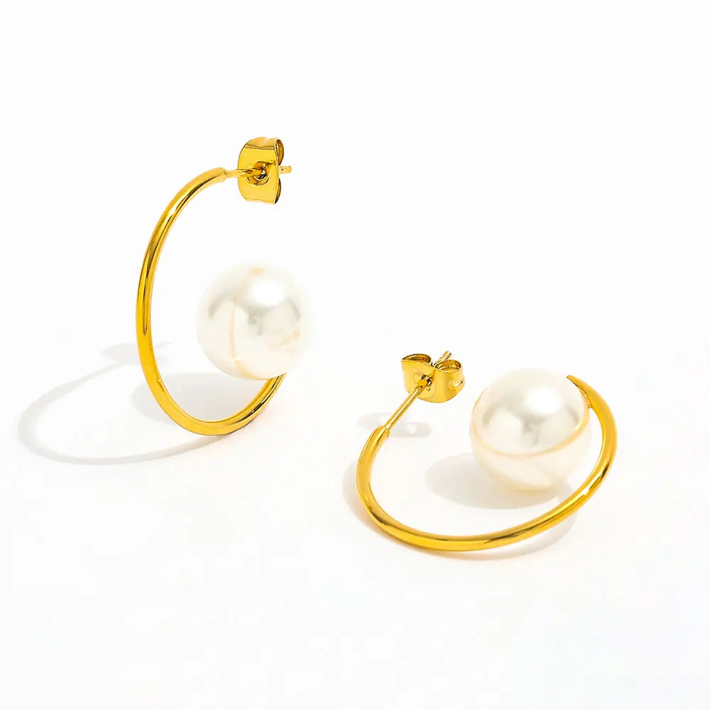 Trendy Earring 18K Gold Plated Big Natural Pearl Stainless Steel C Hoop Earring Statement Fashion Jewelry