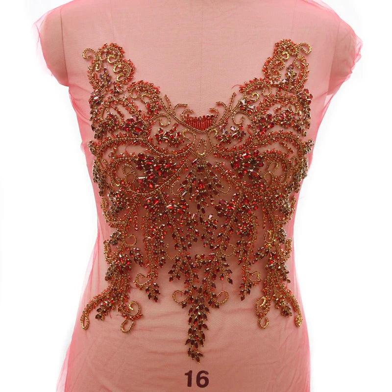 Factory Price Luxury Handmade Red Beaded Rhinestone Applique Lace Fabric Bridal Custom Patches